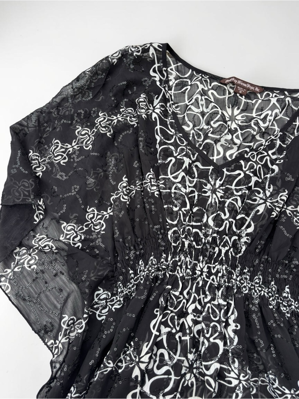 Y2K Black White Sequin Abstract Scroll Tunic Sheer Flutter Sleeve Boho M - Picture 4 of 11